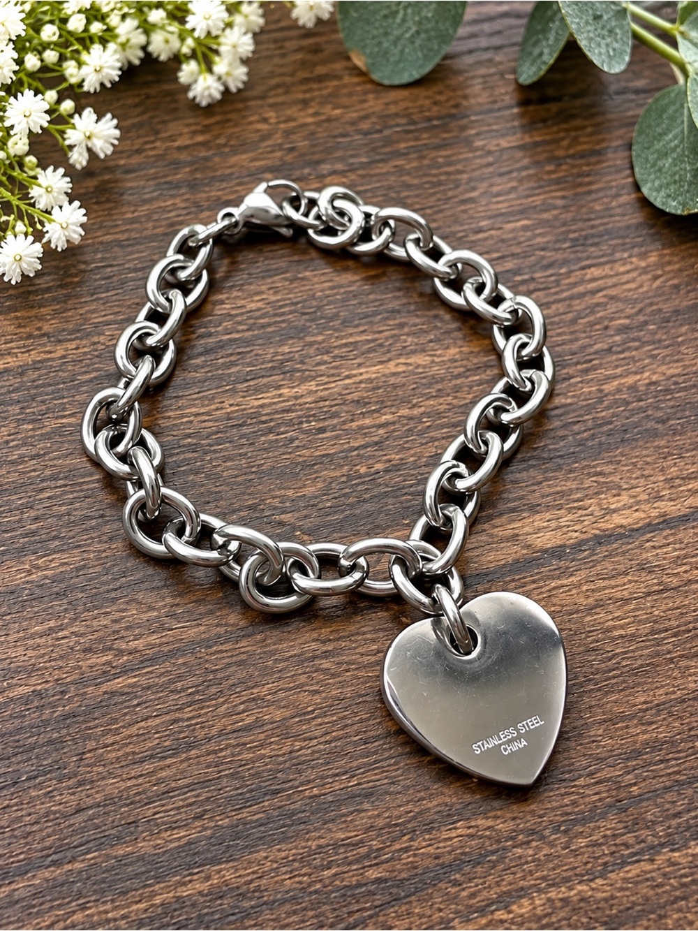 Women’s Stainless Steel Chunky Link Bracelet Heart Pendant Charm Silver Tone